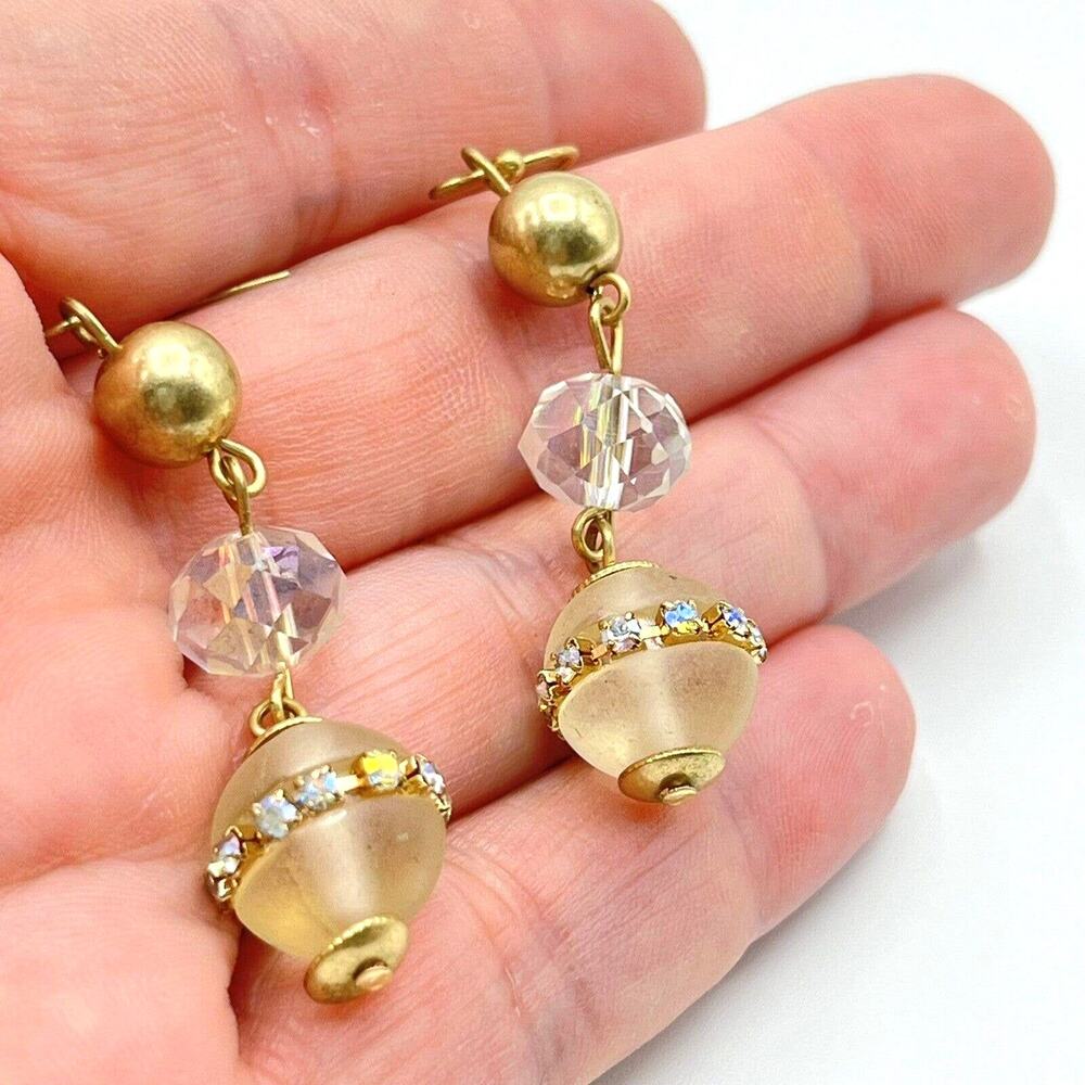 Vintage Gold Tone AB Crystal Glass Bead Dangle Drop Earrings 2"